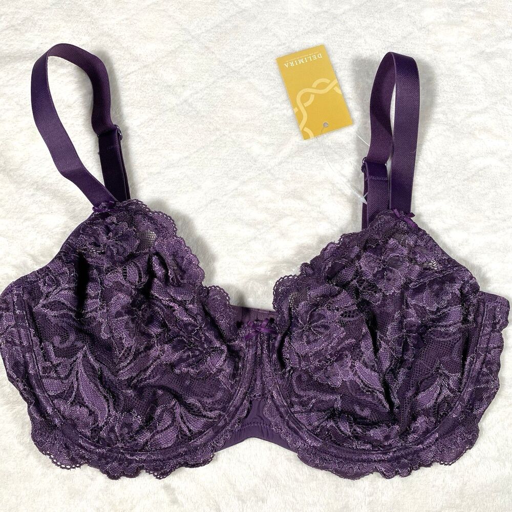 Delimira Women's 36DD Lace Bra Underwire Deep Plum Unlined Demi Full Coverage